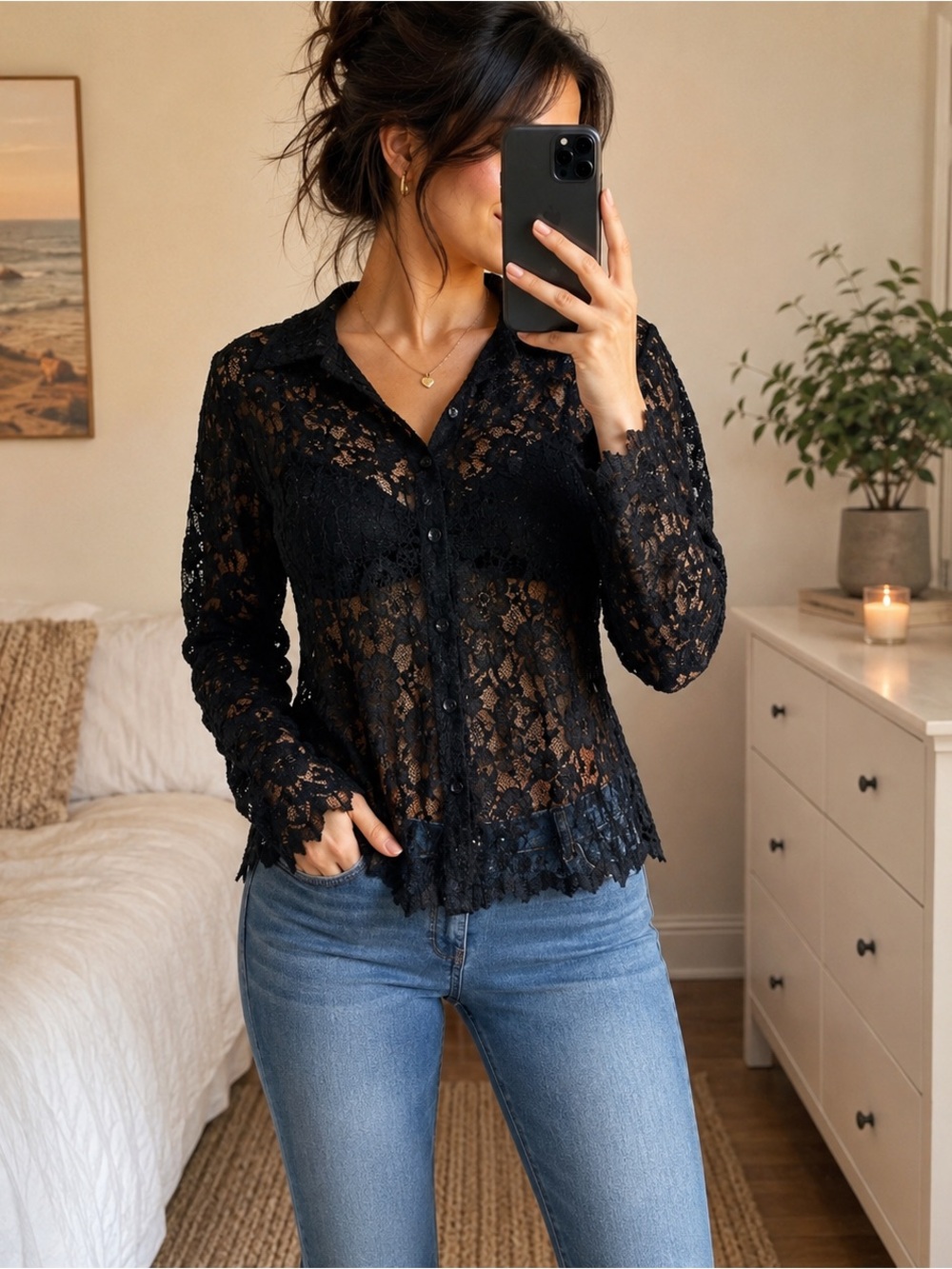 Vintage Softwear Petites by Mark Singer Black Lace Button-Up Top | Petite Fit